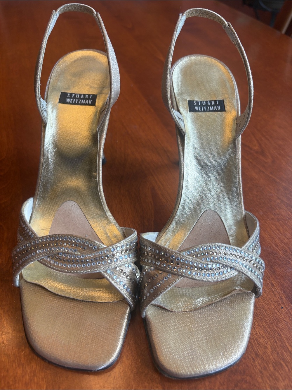 Stuart Weitzman Gold Crystal-Embellished Slingback Heels